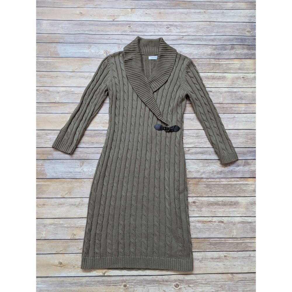 Calvin Klein Cable Knit Sweater Dress Women S Taupe Brown Faux Leather Buckle - Picture 4 of 11